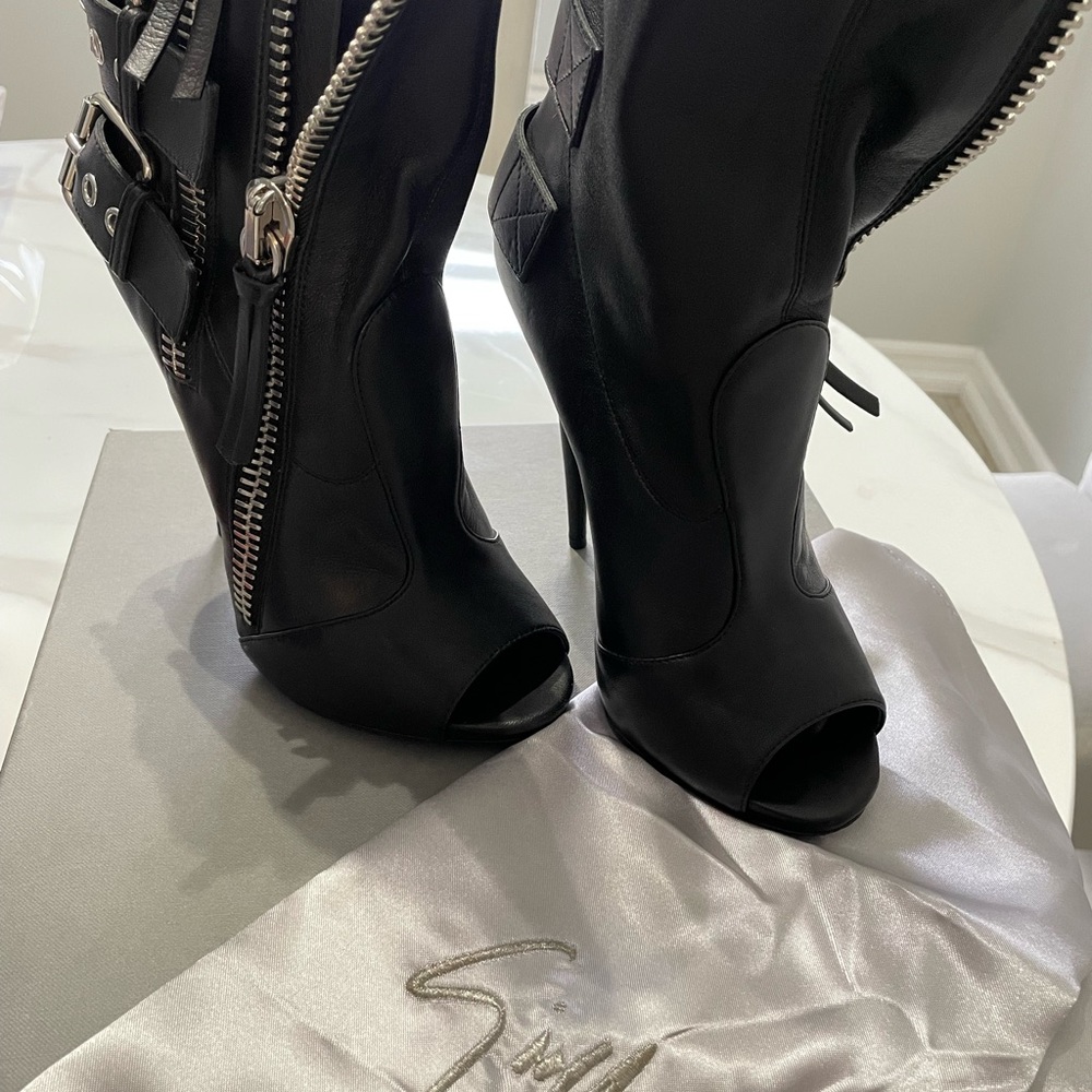Giuseppe Zanotti Double-Buckle Biker Peep-Toe Bootie, Black - Picture 6 of 6